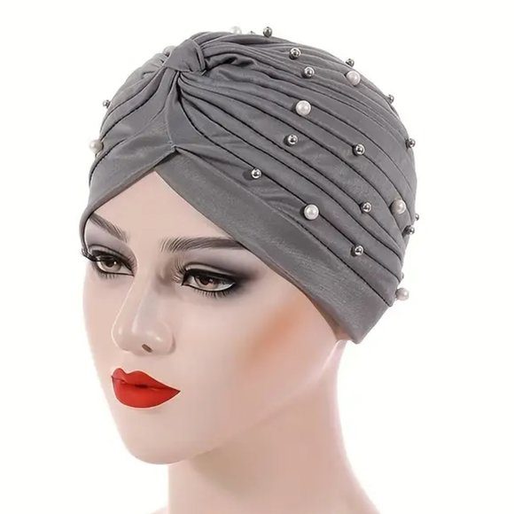 Faux Pearl Rhinestone Decor Turban Gray Head Wraps Elastic Head Scarf Chemo Cap - Picture 1 of 2